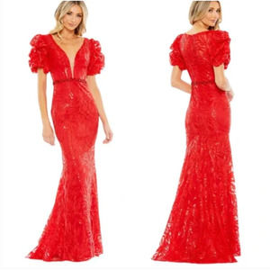 COPY - MAC DUGGAL 12421 Red Embellished Puff Sleeve Plunge Neck Trumpet Gown Si…